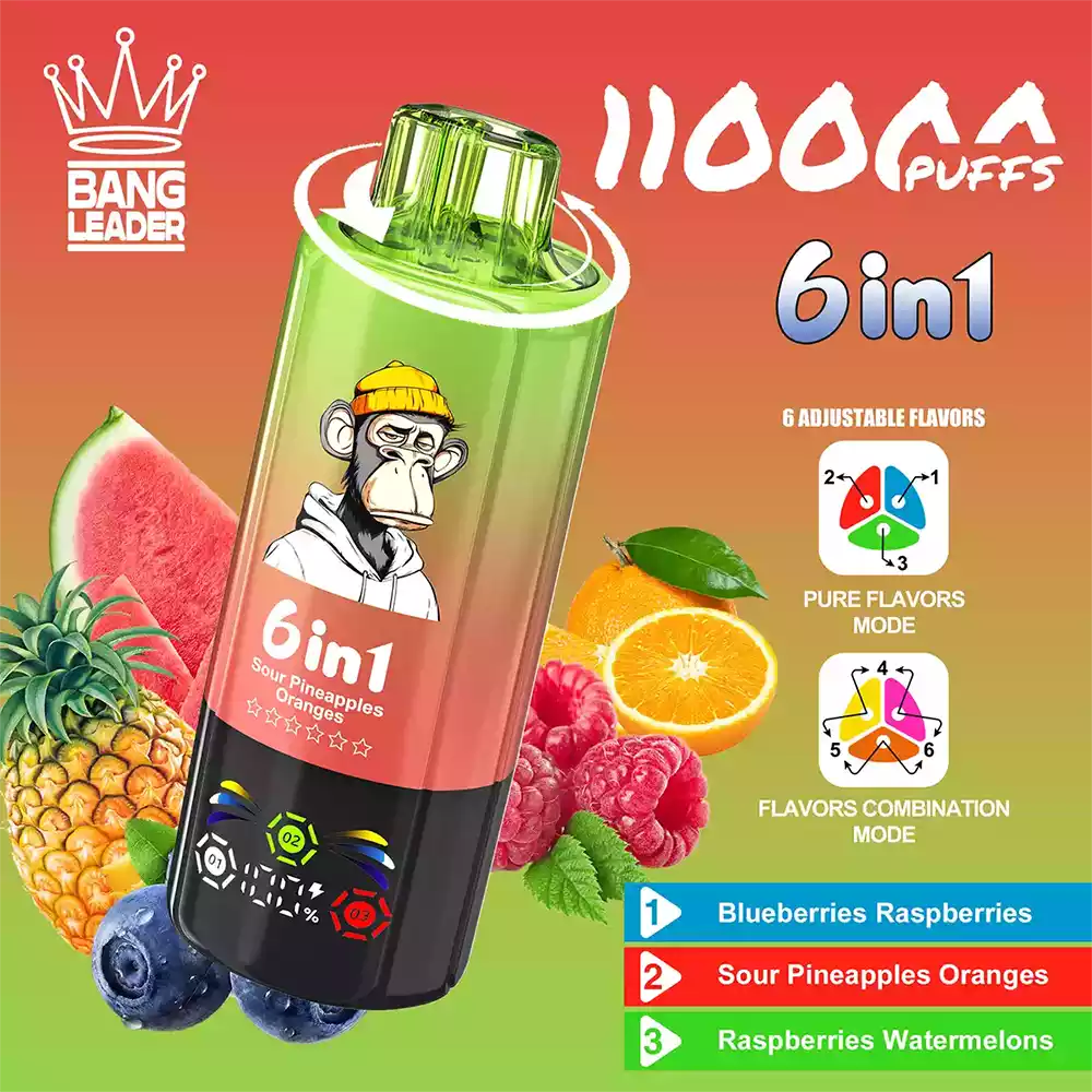 Bang Leader 110K Vape Big Puff Monkey 6 In 1 Multi Flavor Rechargeable Vape 2 Bang Leader 110K Vape Blueberries Raspberries & Sour Pineapple Orange & Raspberry Watermelon