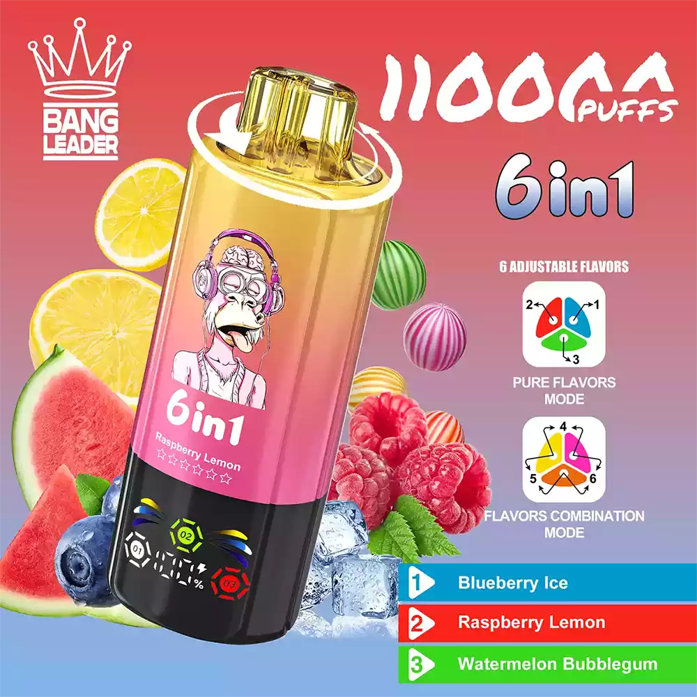 Bang Leader 110K Vape Big Puff Monkey 6 In 1 Multi Flavor Rechargeable Vape 11 Bang Leader 110K Vape Blueberry Ice & Raspberry Lemon & Watermelon Bubblegum