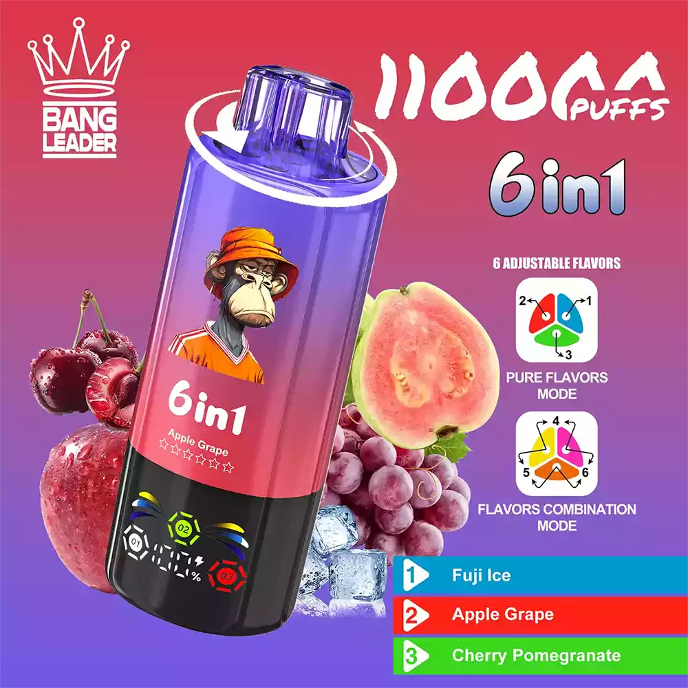 Bang Leader 110K Vape Big Puff Monkey 6 In 1 Multi Flavor Rechargeable Vape 10 Bang Leader 110K Vape Fuji Ice & Apple Grape & Cherry Pomegranate