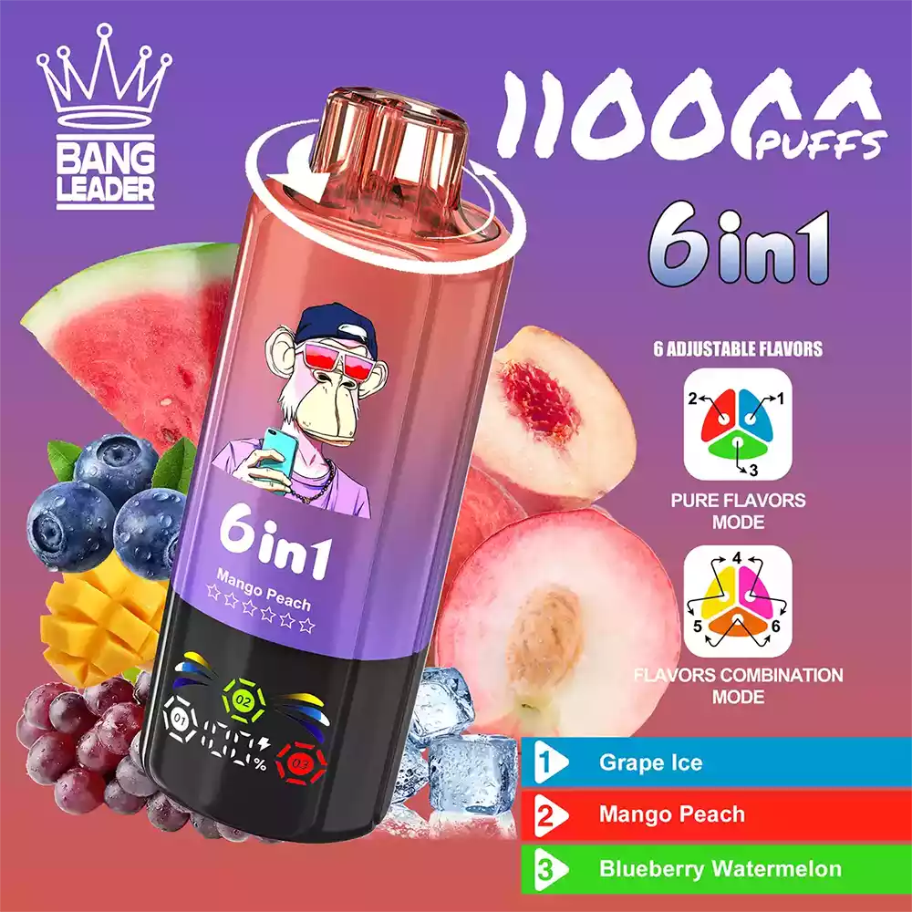 Bang Leader 110K Vape Big Puff Monkey 6 In 1 Multi Flavor Rechargeable Vape 9 Bang Leader 110K Vape Grape Ice & Mango Peach & Blueberry Watermelon