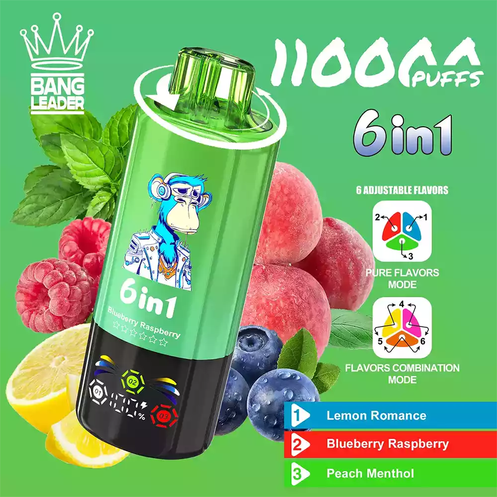 Bang Leader 110K Vape Big Puff Monkey 6 In 1 Multi Flavor Rechargeable Vape 8 Bang Leader 110K Vape Lemon Romance & Blueberry Raspberry & Peach Menthol
