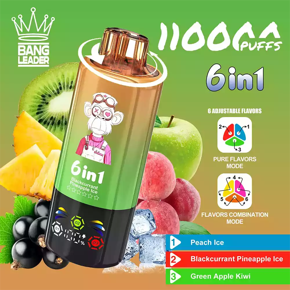 Bang Leader 110K Vape Big Puff Monkey 6 In 1 Multi Flavor Rechargeable Vape 7 Bang Leader 110K Vape Peach Ice & Blackcurrant Pineapple Ice & Green Apple Kiwi