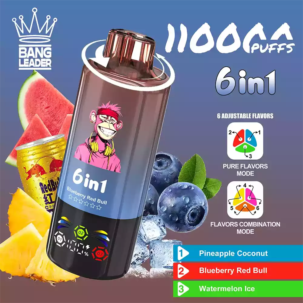 Bang Leader 110K Vape Big Puff Monkey 6 In 1 Multi Flavor Rechargeable Vape 6 Bang Leader 110K Vape Pineapple Coconut & Blueberry Red Bull & Watermelon Ice