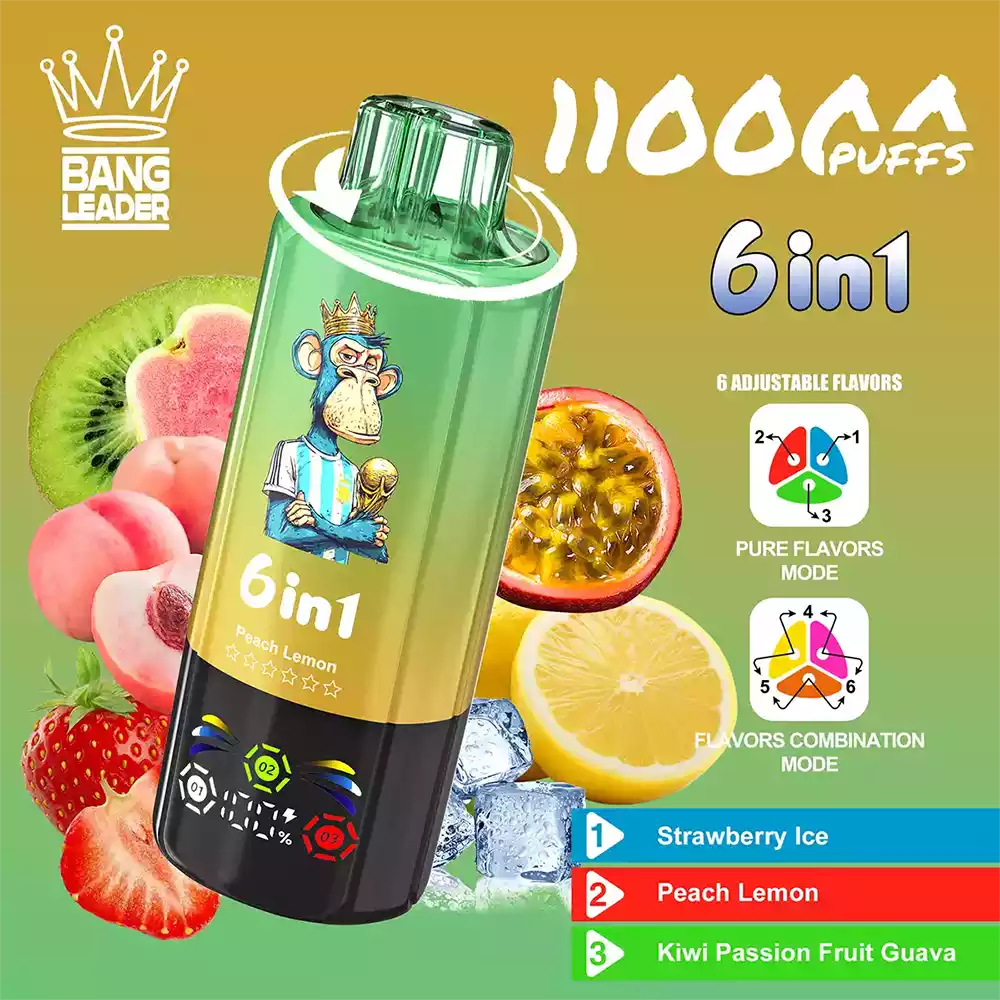 Bang Leader 110K Vape Big Puff Monkey 6 In 1 Multi Flavor Rechargeable Vape 5 Bang Leader 110K Vape Strawberry Ice & Peach Lemon & Kiwi Passion Fruit Guava