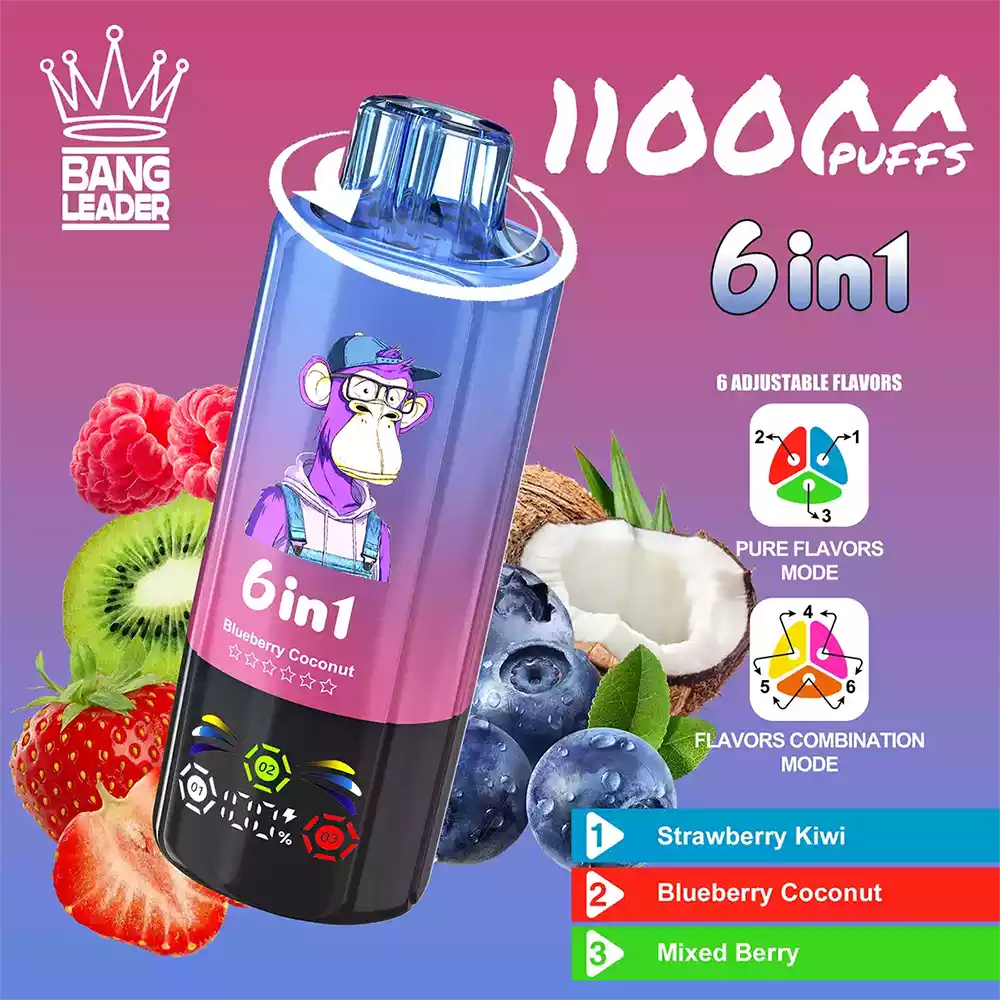 Bang Leader 110K Vape Big Puff Monkey 6 In 1 Multi Flavor Rechargeable Vape 4 Bang Leader 110K Vape Strawberry Kiwi & Blueberry Coconut & Mixed Berry
