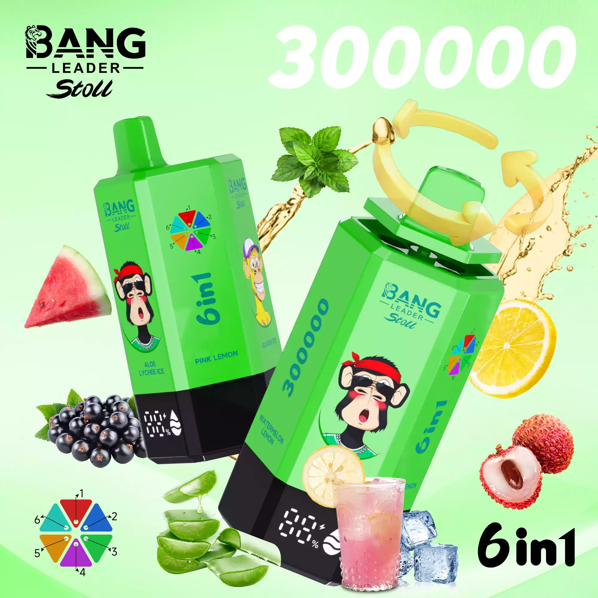 Bang Leader 300K Vape Big Puff Monkey 6 In 1 Device 13 Bang Leader 300K Vape Aloe Lychee Ice & Pink Lemon & Glacier Ice & Pine Needle Mint & Blackcurrant Ice & Watermelon Lemon