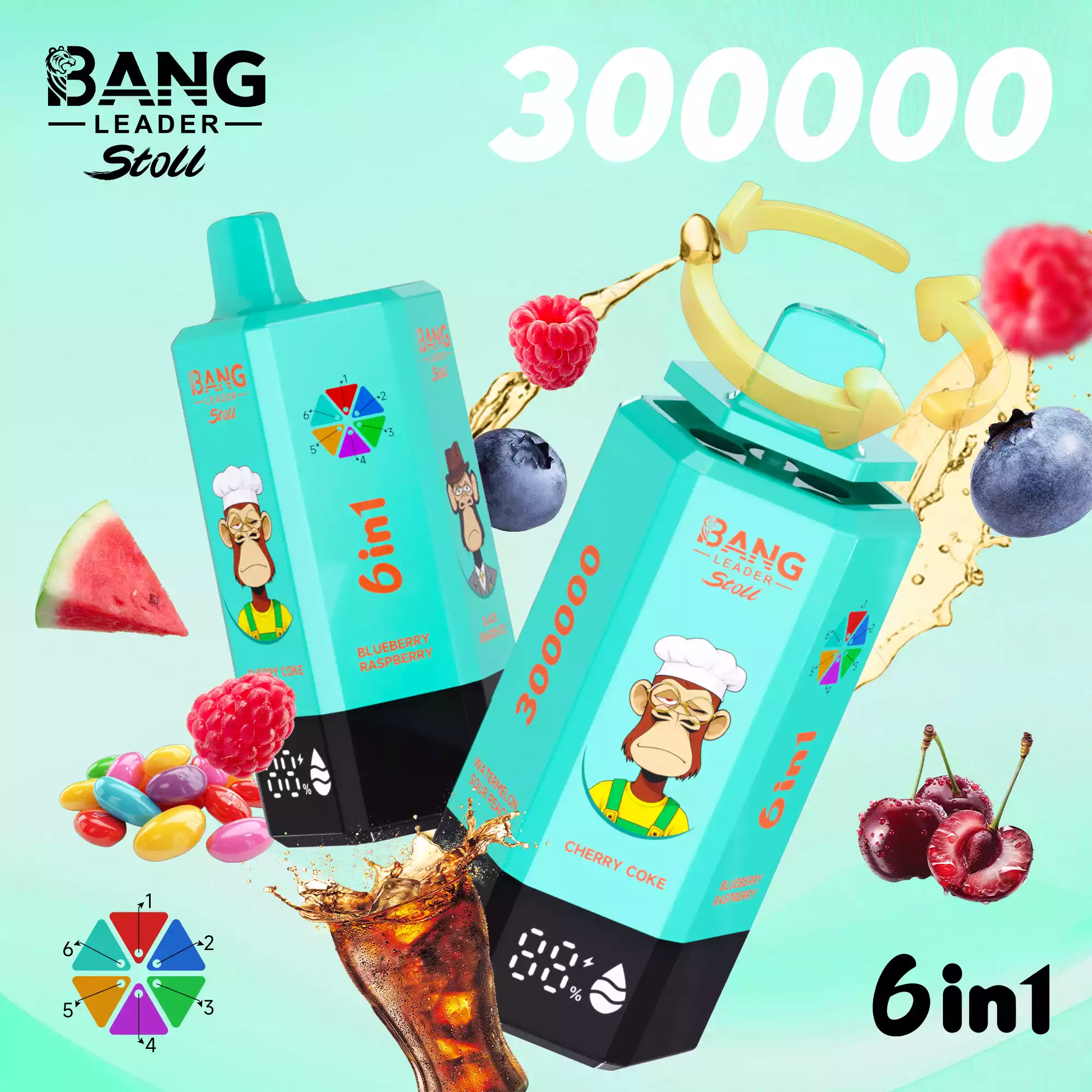 Bang Leader 300K Vape Big Puff Monkey 6 In 1 Device 12 Bang Leader 300K Vape Cherry Coke & Blueberry Raspberry & Black Dragon Ice & Rainbow Candy & Fuji Ice & Watermelon Sour Peach