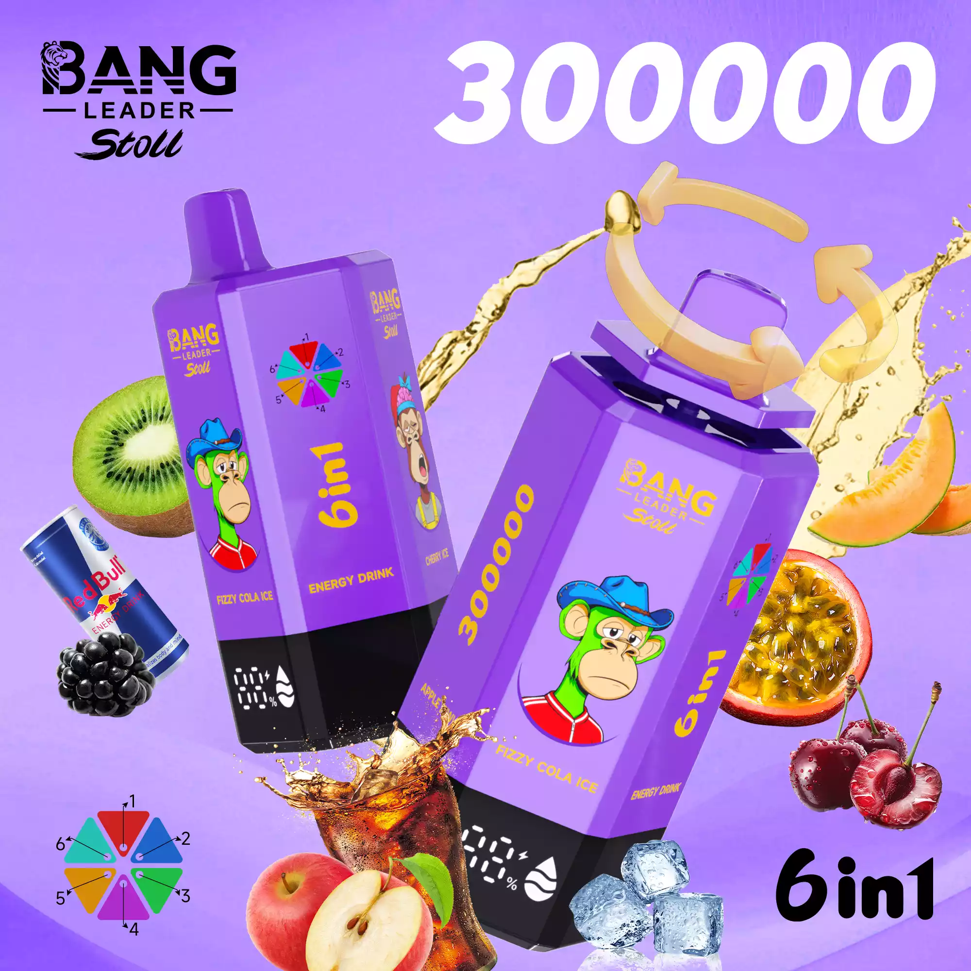 Bang Leader 300K Vape Big Puff Monkey 6 In 1 Device 11 Bang Leader 300K Vape Cola Ice & Energy Drink & Cherry Ice & Melon Passion Fruit & Blackberry Ice & Apple Kiwi