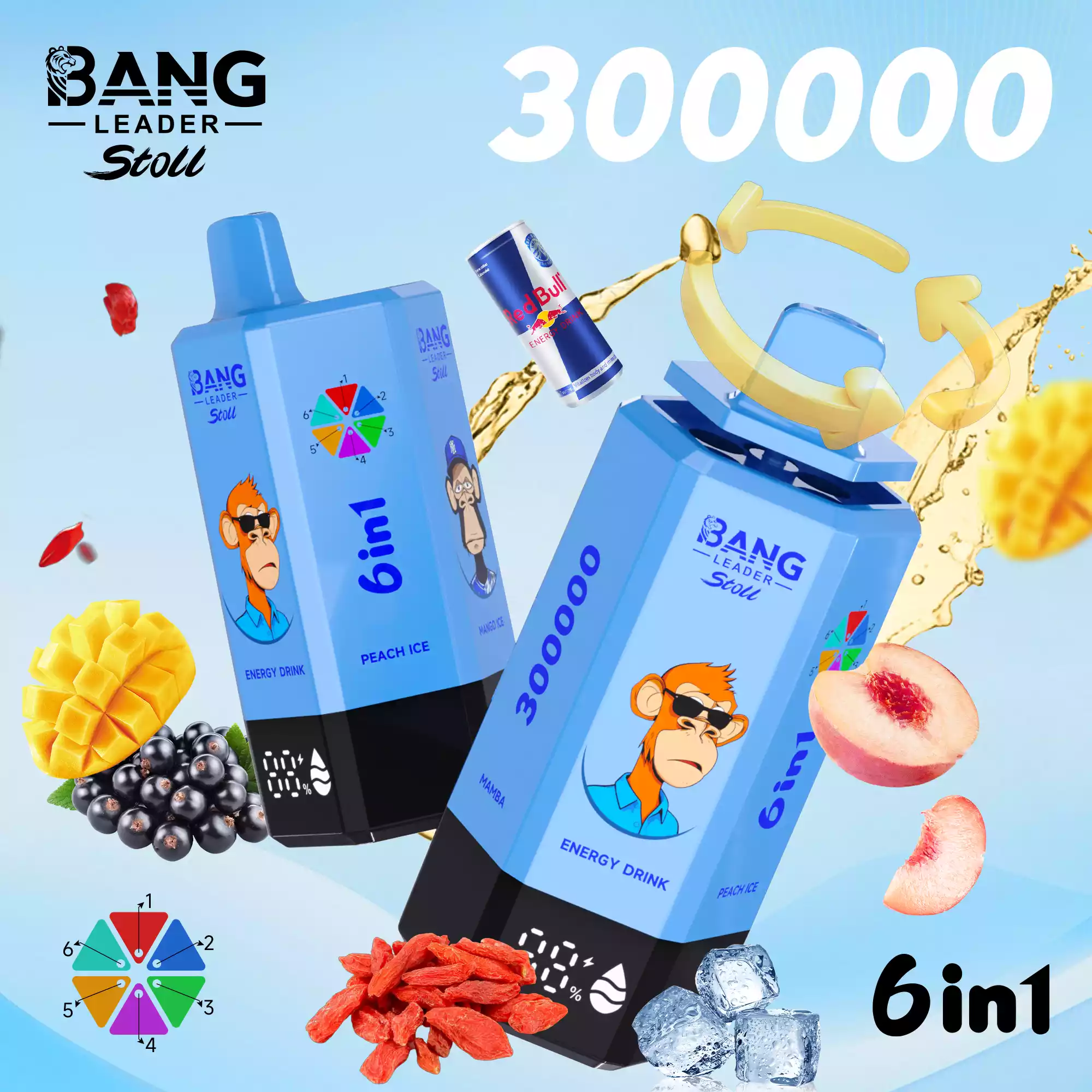 Bang Leader 300K Vape Big Puff Monkey 6 In 1 Device 10 Bang Leader 300K Vape Energy Drink & Peach Ice & Mango Ice & Goji Berry & Blackcurrant & Mamba