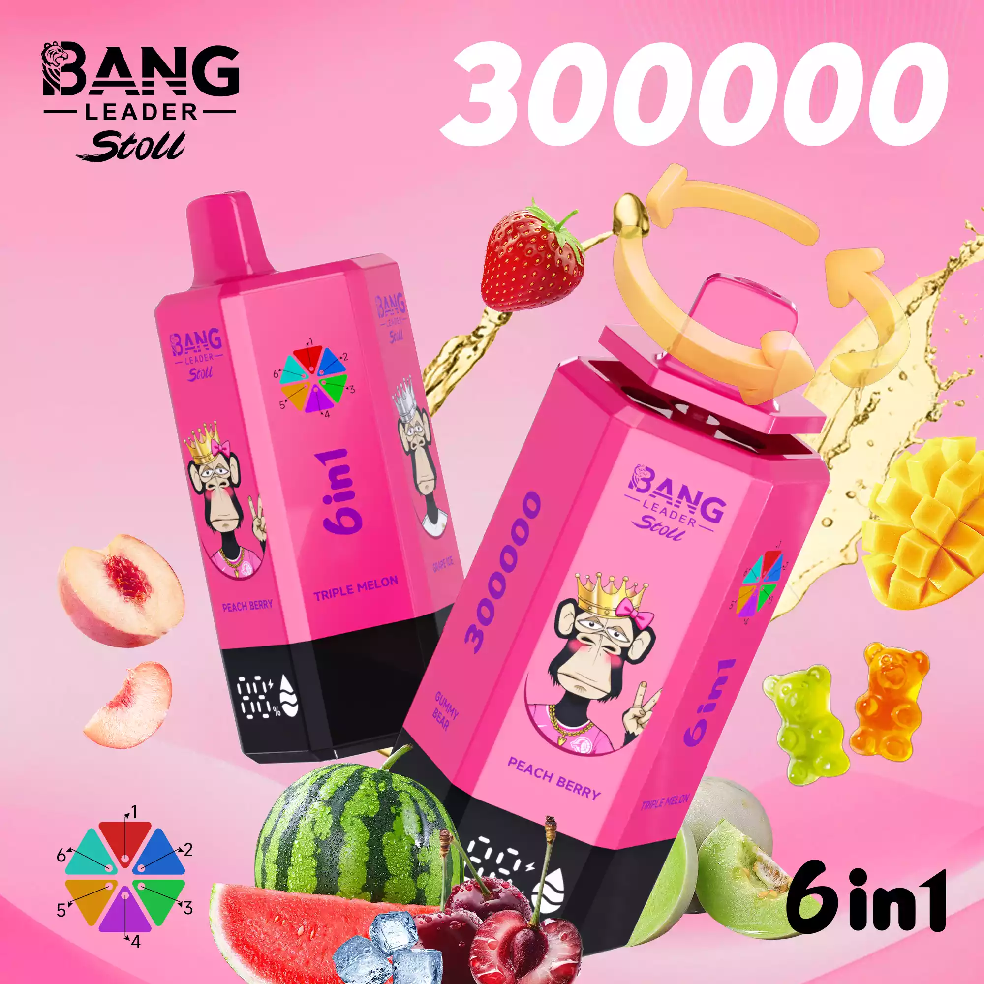 Bang Leader 300K Vape Big Puff Monkey 6 In 1 Device 9 Bang Leader 300K Vape Peach Berry & Triple Melon & Grape Ice & Black Dragon Ice & Fizzy Cherry Ice & Gummy Bear