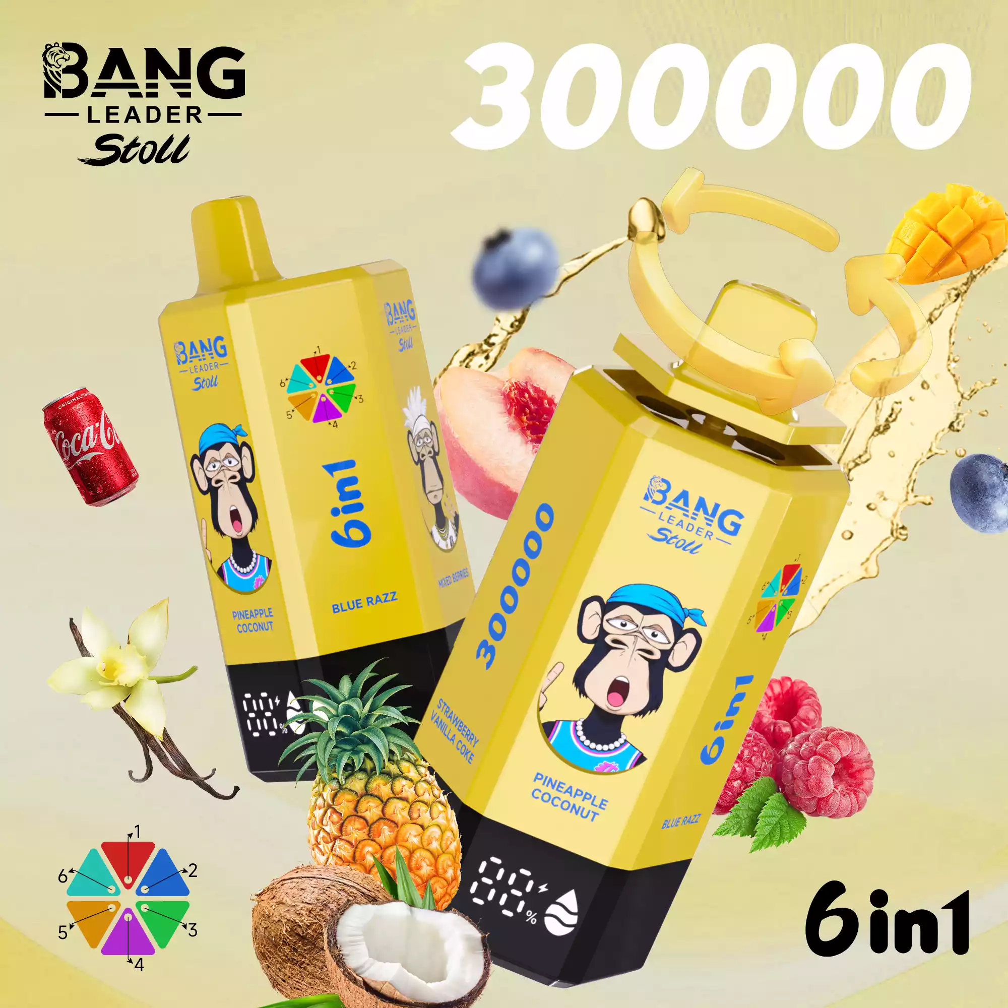 Bang Leader 300K Vape Big Puff Monkey 6 In 1 Device 8 Bang Leader 300K Vape Pineapple Coconut & Blue Razz & Mixed Berries & Mango Peach & Blueberry Raspberry & Strawberry Vanilla Coke