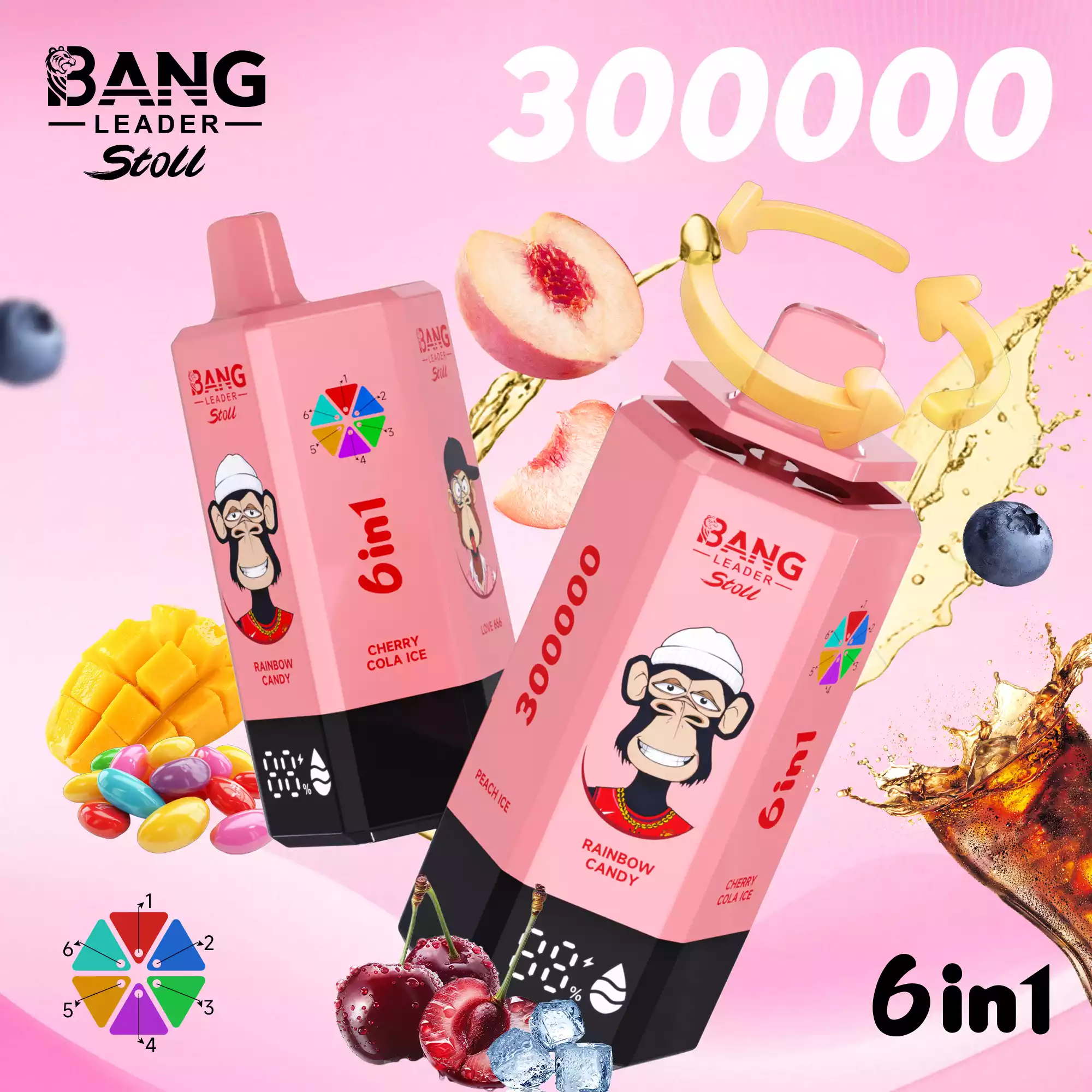 Bang Leader 300K Vape Big Puff Monkey 6 In 1 Device 7 Bang Leader 300K Vape Rainbow Candy & Cherry Cola Ice & Love 666 & Mango Ice & Blueberry Cotton Candy & Peach Ice