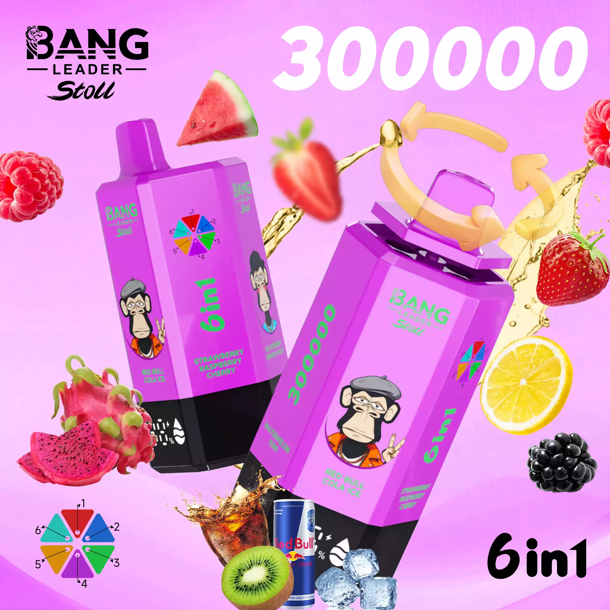 Bang Leader 300K Vape Big Puff Monkey 6 In 1 Device 5 Bang Leader 300K Vape Red Bull Cola Ice & Strawberry Raspberry Cherry & Blackberry Dragon Fruit & Lemon Lime & Raspberry Pomelo & Watermelon Kiwi