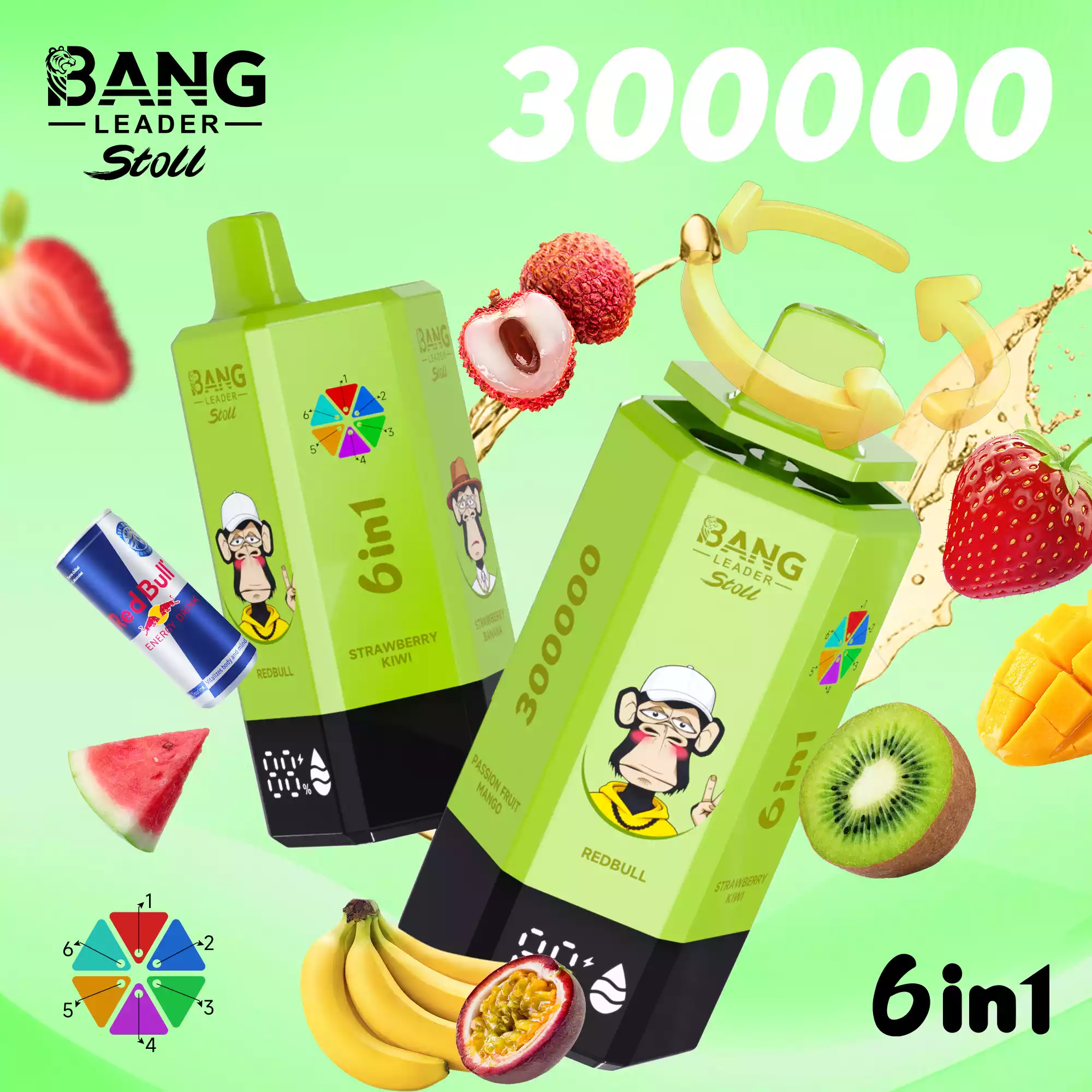 Bang Leader 300K Vape Big Puff Monkey 6 In 1 Device 6 Bang Leader 300K Vape Red Bull & Strawberry Kiwi & Strawberry Banana & Lychee Ice & Watermelon Berry & Passion Fruit Mango