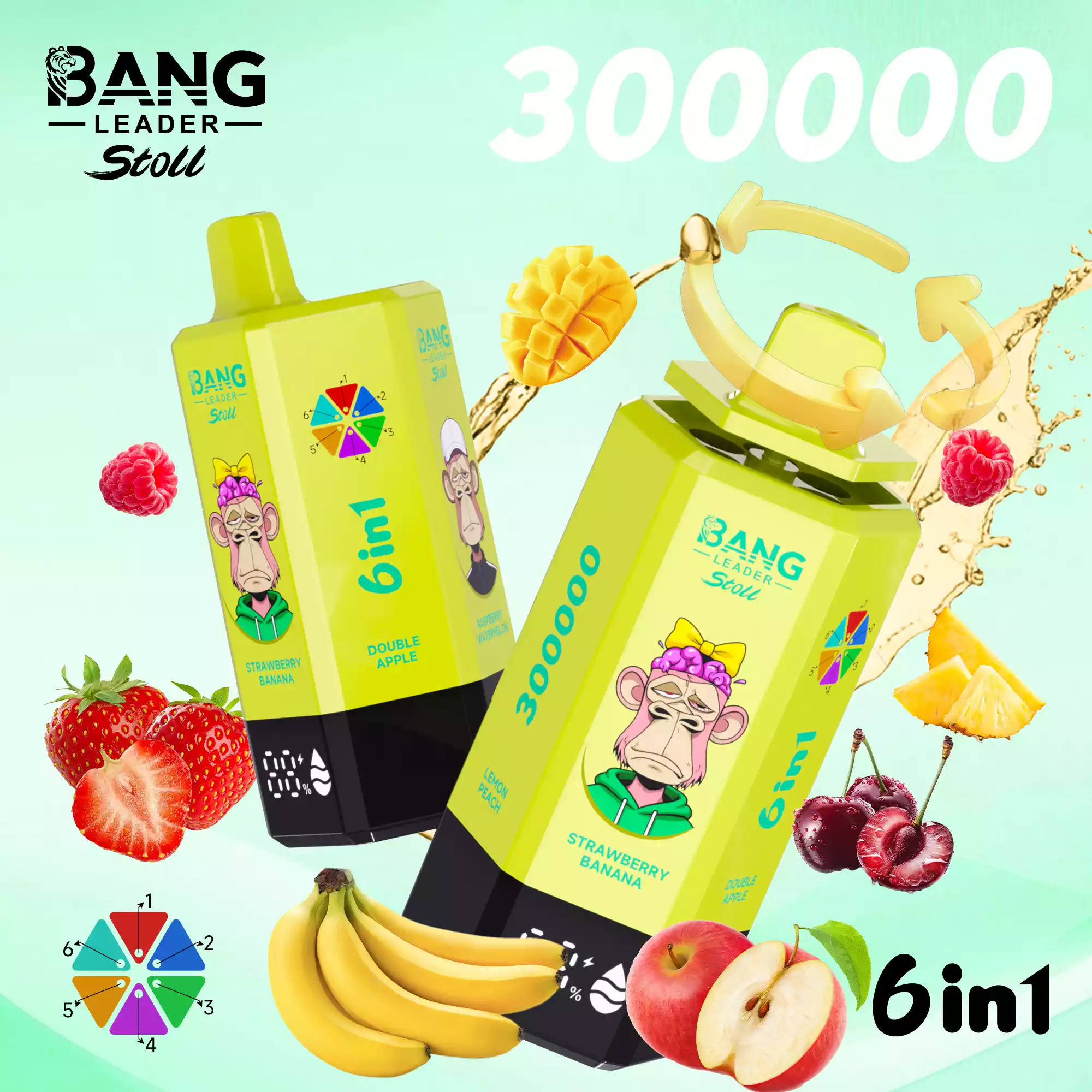 Bang Leader 300K Vape Big Puff Monkey 6 In 1 Device 4 Bang Leader 300K Vape Strawberry Banana & Double Apple & Raspberry Watermelon & Sour Mango Pineapple & Tropical Fruit & Lemon Peach