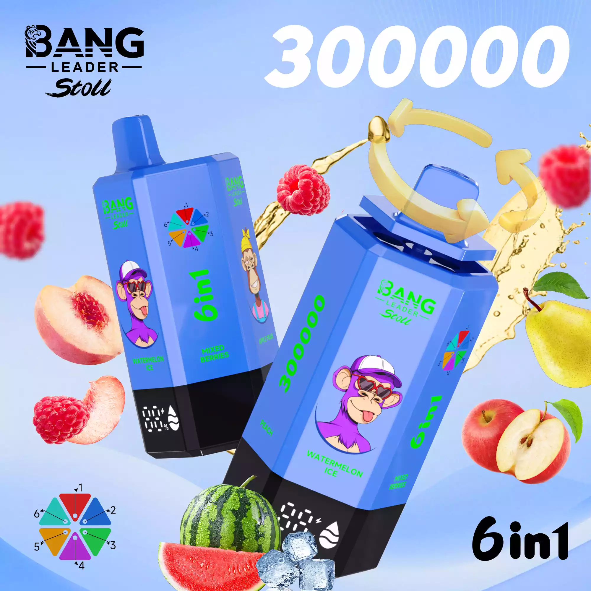 Bang Leader 300K Vape Big Puff Monkey 6 In 1 Device 3 Bang Leader 300K Vape Watermelon Ice & Mixed Berries & Apple Pear & Blueberry Mint & Summer Time & Peach