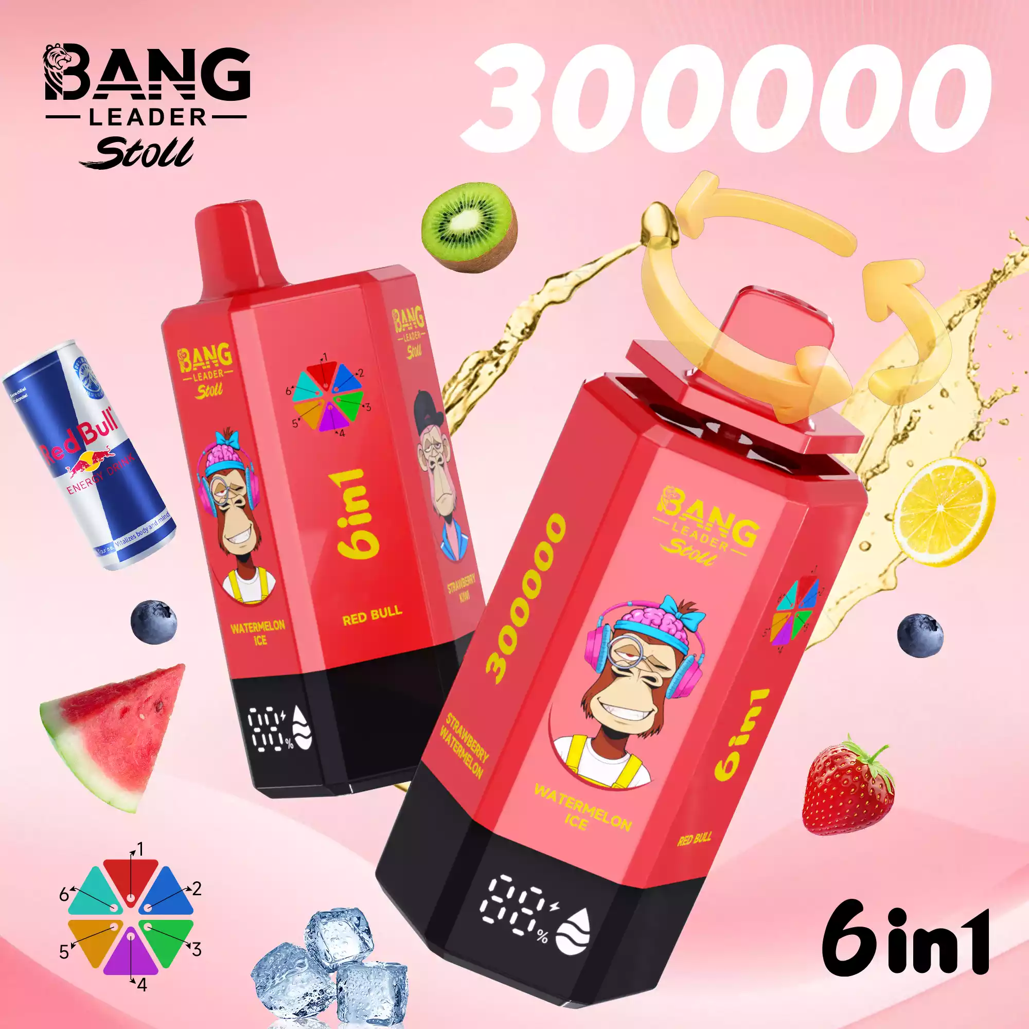 Bang Leader 300K Vape Big Puff Monkey 6 In 1 Device 2 Bang Leader 300K Vape Watermelon Ice & Red Bull & Strawberry Kiwi & Blueberry Ice & Lemon Lime & Strawberry Watermelon