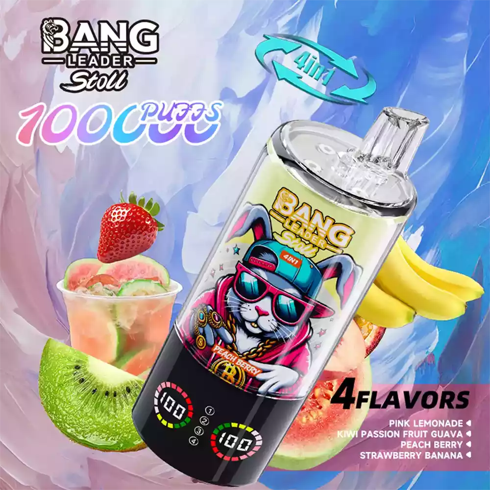 Bang Leader 100K Vape Big Puff 4 In 1 Multi Flavor Rechargeable Vape 6 Bang Leader Vape 100K Puff 4 in 1 Vape Pink Lemonade & Kiwi Passion Fruit Guava & Peach Berry & Strawberry Banana
