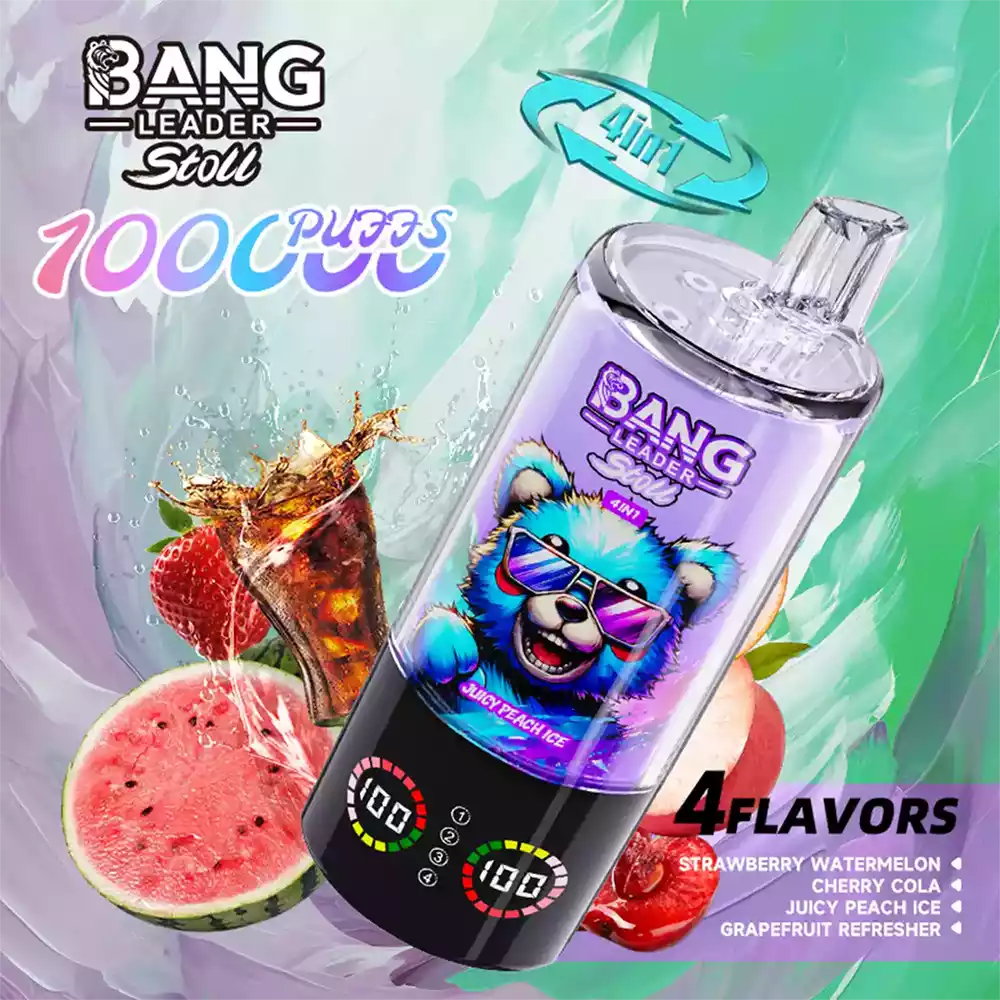 Bang Leader 100K Vape Big Puff 4 In 1 Multi Flavor Rechargeable Vape 4 Bang Leader Vape 100K Puff 4 in 1 Vape Strawberry Watermelon & Cherry Cola & Juicy Peach Ice & Grapefruit Refresher