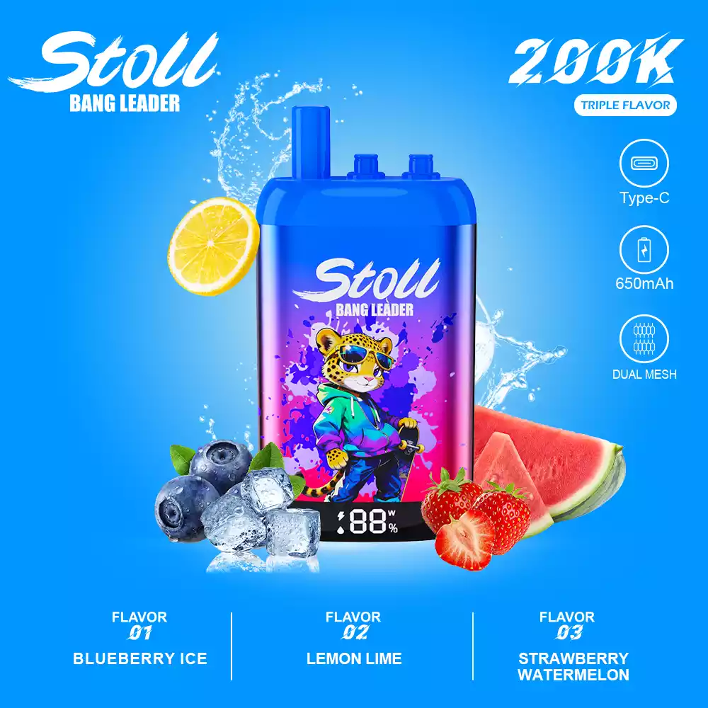 Bang Leader Vape 200K Puff 3 i 1 Smags Mesh Coil Vape 12 Bang Leader Vape 200K Puff 3 i 1 Smag Blåbær Is & Citron Lime & Jordbær Vandmelon